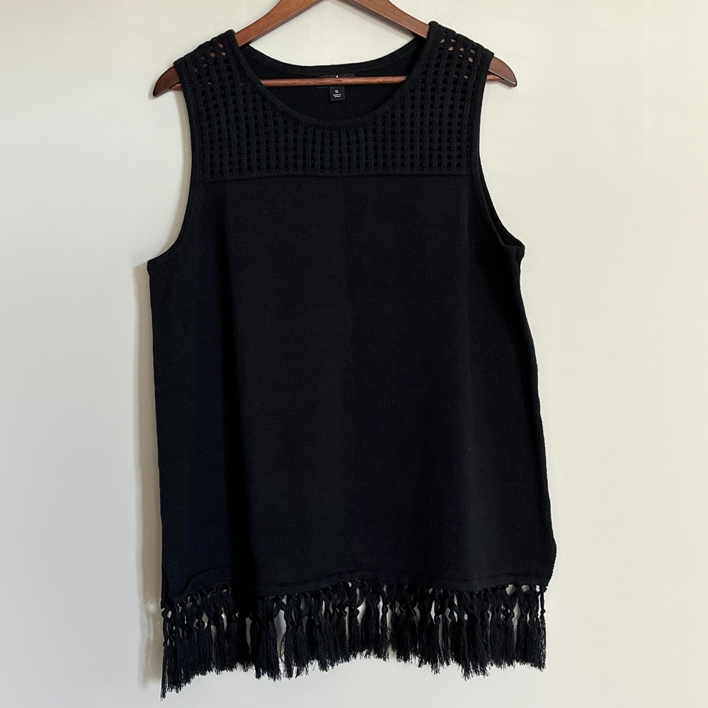 Jason Wu Black Sleeveless Knit Fringe Hem Lattice Bohemian Yoke Tank Top XL